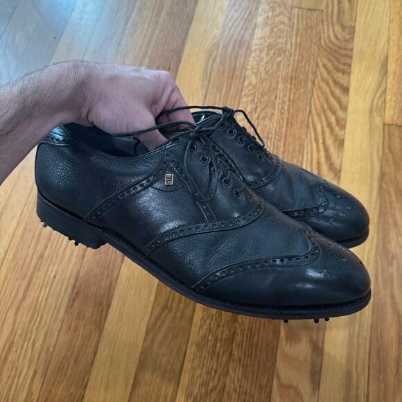Vintage Footjoy Golf Cleats Black Leather Wingtips Mens 11.5E Shoes - Picture 1 of 8